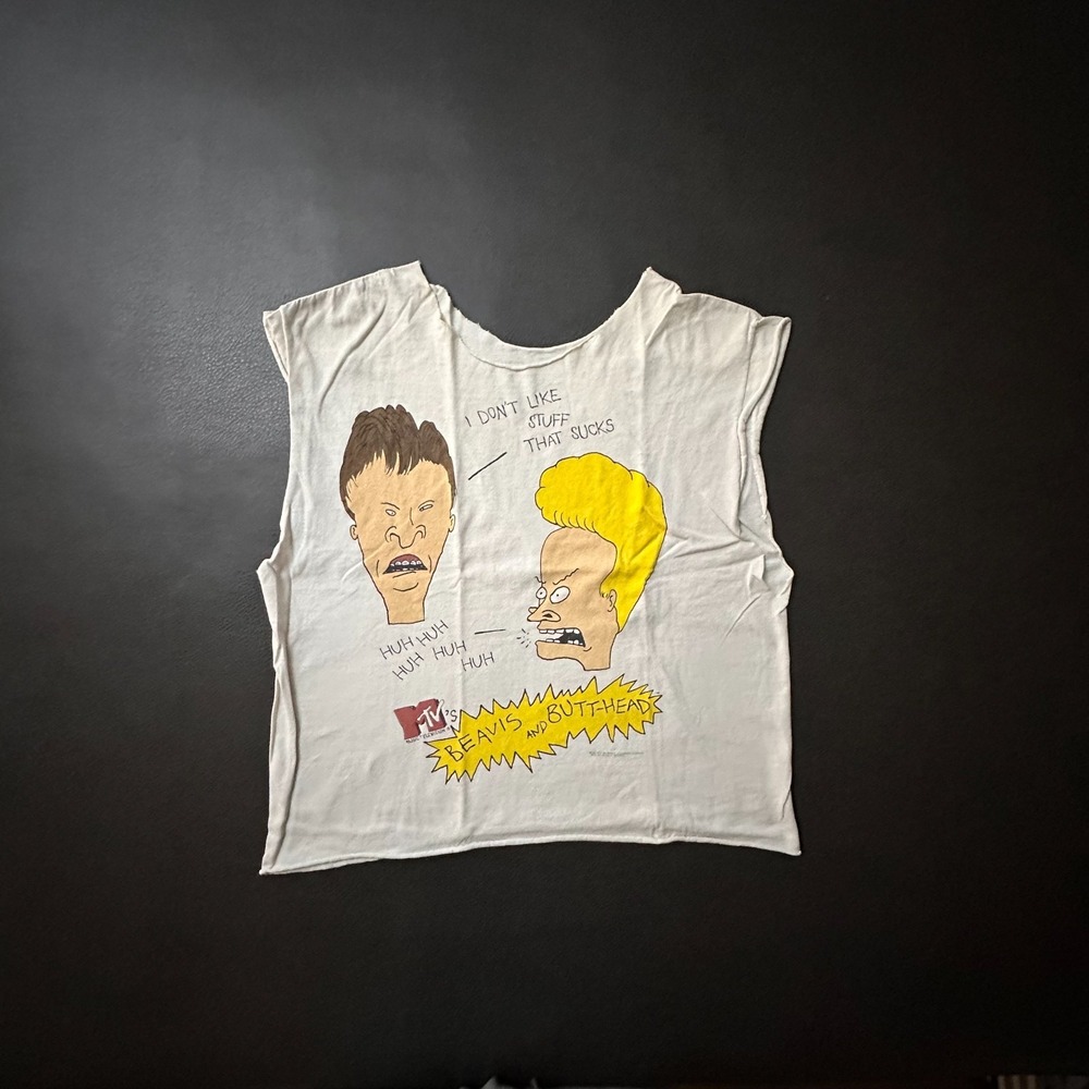 Vintage Beavis & Butthead T Shirt Adult Medium White Chopped 1993 90s Sleevless